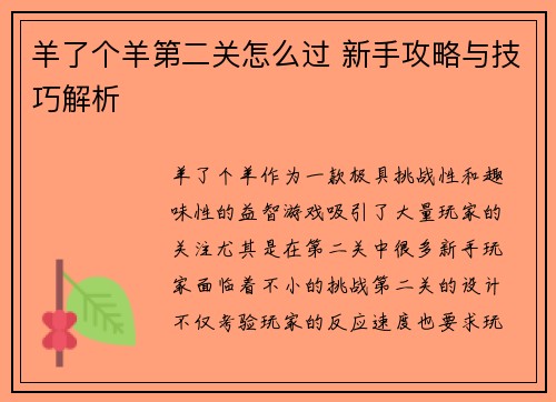 羊了个羊第二关怎么过 新手攻略与技巧解析