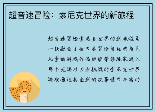 超音速冒险：索尼克世界的新旅程